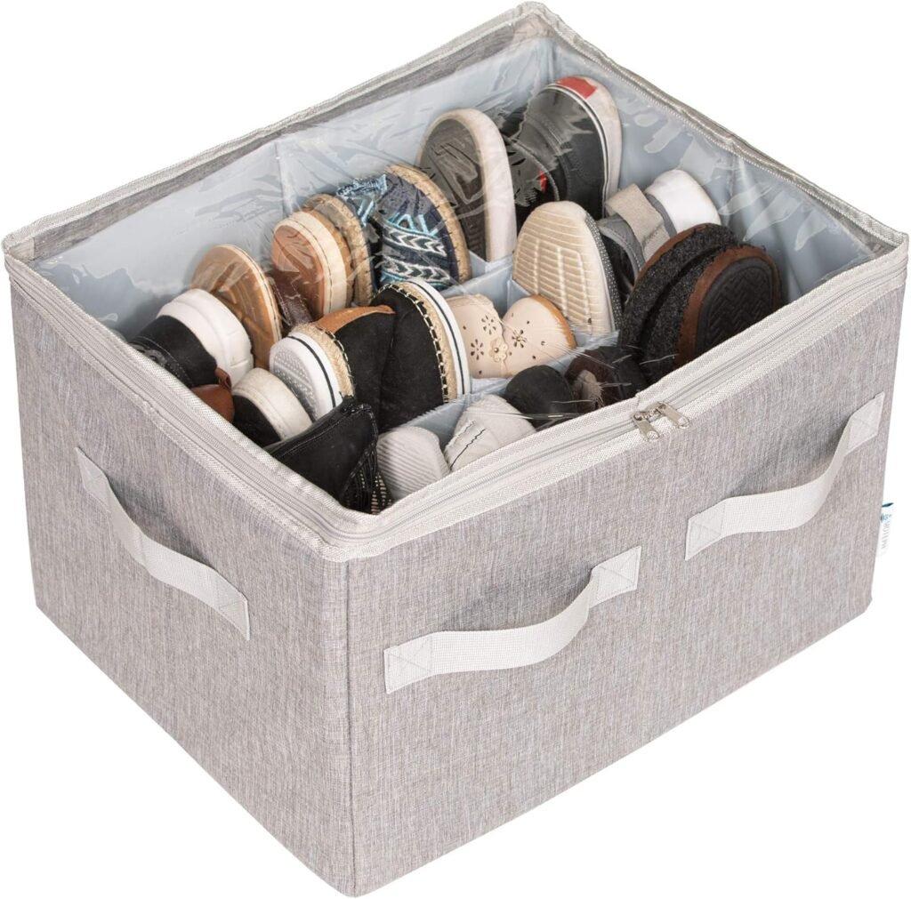 Moteph Shoe Organizer Closet Storage Solution with Clear Cover & Adjustable Dividers for Shoes, Handbags, Blankets, Linen, Clothing (Medium - 16 Pairs, Grey)