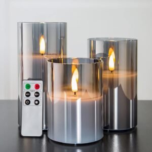 Eywamage Smoke Grey Glass Flameless Pillar Candles with Remote, Flickering LED Battery Candles Table Decor Set of 3