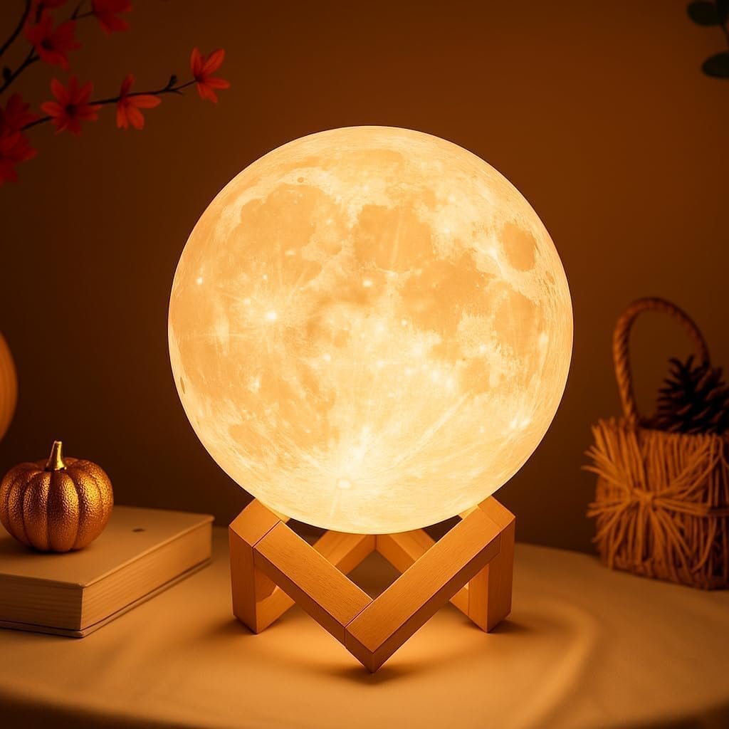 Mydethun Moon Lamp - 4.7' White Elephant Galentine Gifts for Women, 3D Printed LED Night Light w/Wooden Base, Valentine Gifts for Wife, Girlfriend, Mom, Touch-Dimmable, White & Yellow