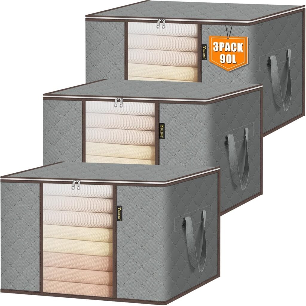 BALEINE 3 Pack Clothes Storage Bags, 24 Gallon Storage Containers with Reinforced Handle, Sturdy Zipper, Closet Organizer for Blanket, Comforter, Pillow, Bedding (Grey, 3 Pack)