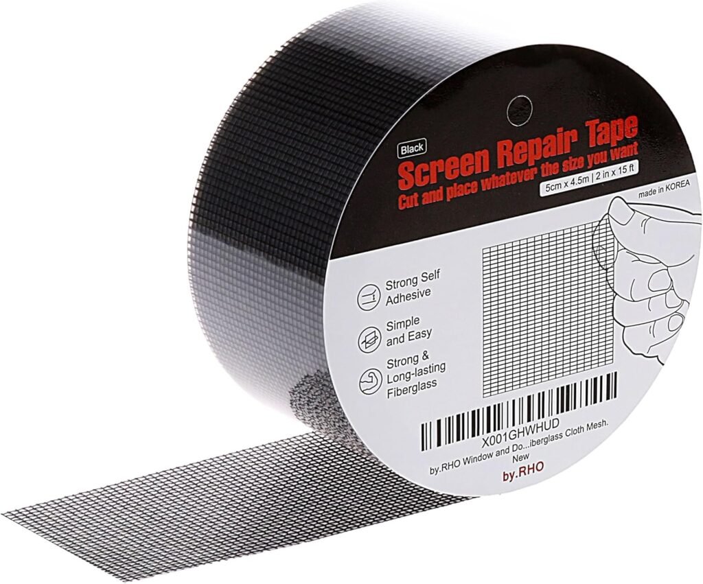 by.RHO Window Screen Repair Kit Tape (Black, 2" x 15FT) for Window Screen and Screen Door Tears Holes 3-Layer Strong Adhesive & Waterproof Tape Fiberglass Covering mesh