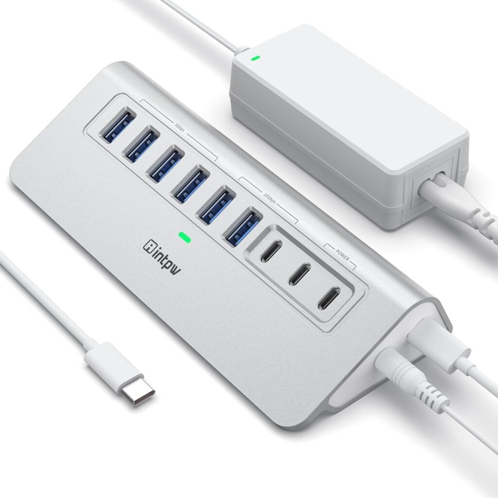 Powered USB Hub 10Gbps, intpw 9-Port USB 3.2 Hub, USB C Hub with USB A/USB C 3.2, 4 USB 3.0, 2 PD 45W Charging Ports, 65W Power Adapter and 3.3FT Cable, Aluminum USB Hub for Laptop, iPhone 17/16/15，PC