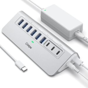 9-Port Powered 10Gbps USB-C Hub w/ 65W Adapter Powered USB Hub 10Gbps, intpw 9-Port USB 3.2 Hub, USB C Hub with USB A/USB C 3.2, 4 USB 3.0, 2 PD 45W Charging Ports, 65W Power Adapter and 3.3FT Cable, Aluminum USB Hub for Laptop, iPhone 17/16/15,PC