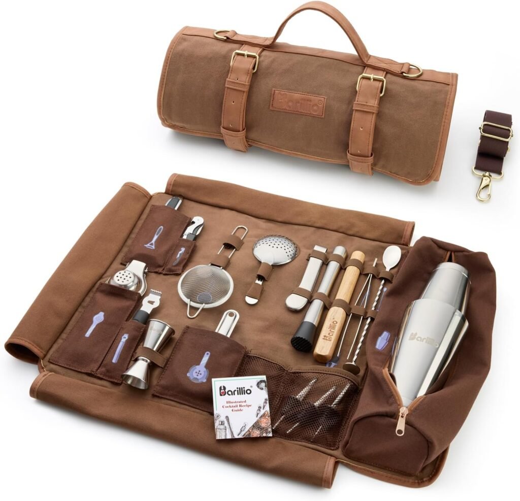 Barillio Bartender Kit Bag with Cocktail Shaker Set - Waxed Canvas, Traveling Bar Tools Bag with 17-Pc Cocktail Kit - Travel Mixology Bartending Kits - Mobile Bar Roll with Strap & Accessories