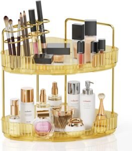 2-Tier Corner Bathroom Counter Organizer Makeup Cosmetic Storage, Tool-Free Installation Acrylic Vanity Shelf, Skin Care Organizer Perfume Tray for Countertop Bathroom, Dresser, Kitchen (Gold)
