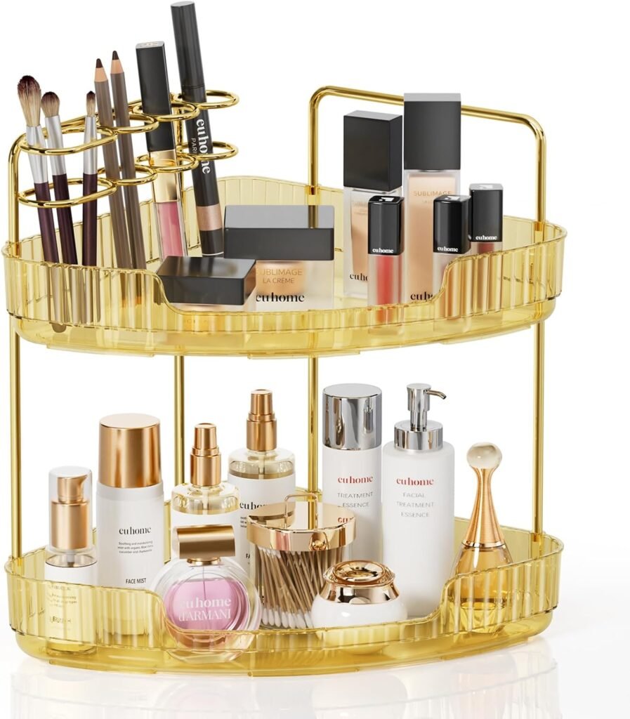 2-Tier Corner Bathroom Counter Organizer Makeup Cosmetic Storage, Tool-Free Installation Acrylic Vanity Shelf, Skin Care Organizer Perfume Tray for Countertop Bathroom, Dresser, Kitchen (Gold)