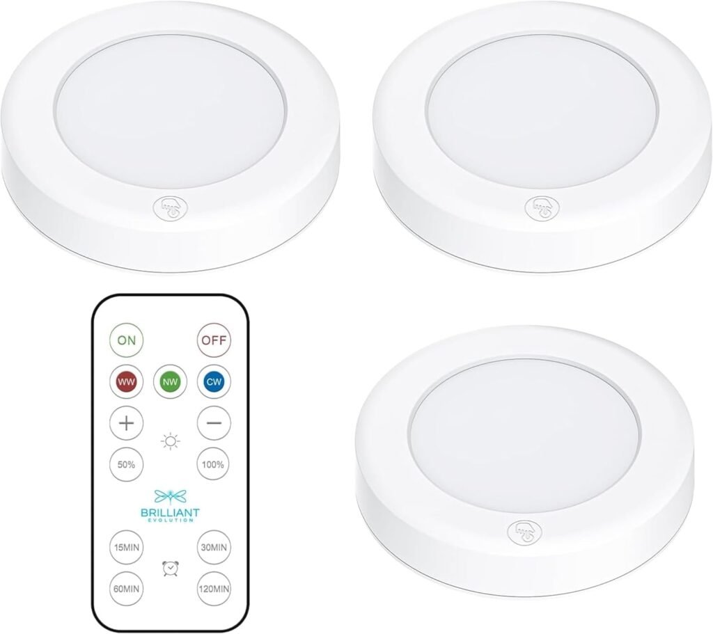 Brilliant Evolution Wireless LED Puck Light 3 Pack - Works with Remote Control - Under Cabinet, Closet Light - Battery Powered - Under Counter Lighting - Stick On Lights