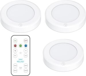Brilliant Evolution Wireless LED Puck Light 3 Pack - Works with Remote Control - Under Cabinet, Closet Light - Battery Powered - Under Counter Lighting - Stick On Lights