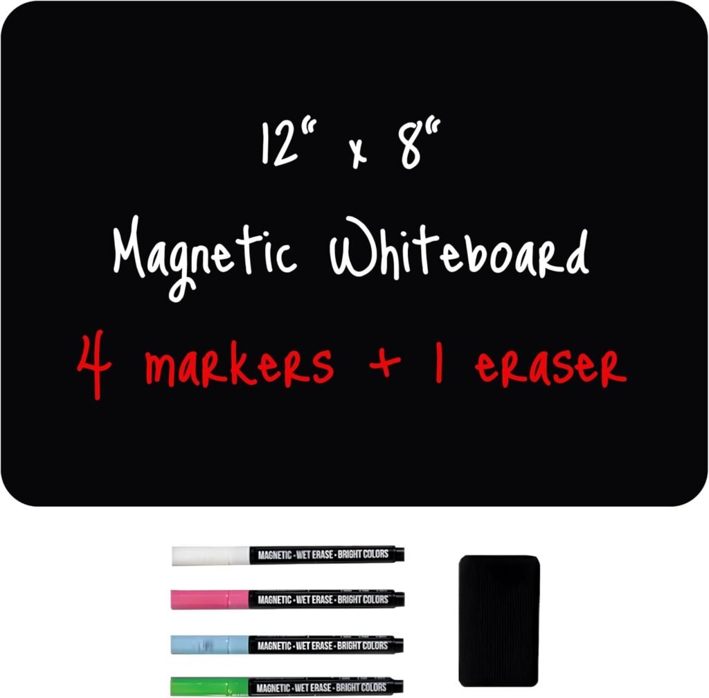 cinch! Magnetic Black Dry Erase Board - 12x8-Inch - Board for Fridge with 4 Neon Markers and Eraser - Magnetic Refrigerator Organizer for Notes, Lists and Meal Planning