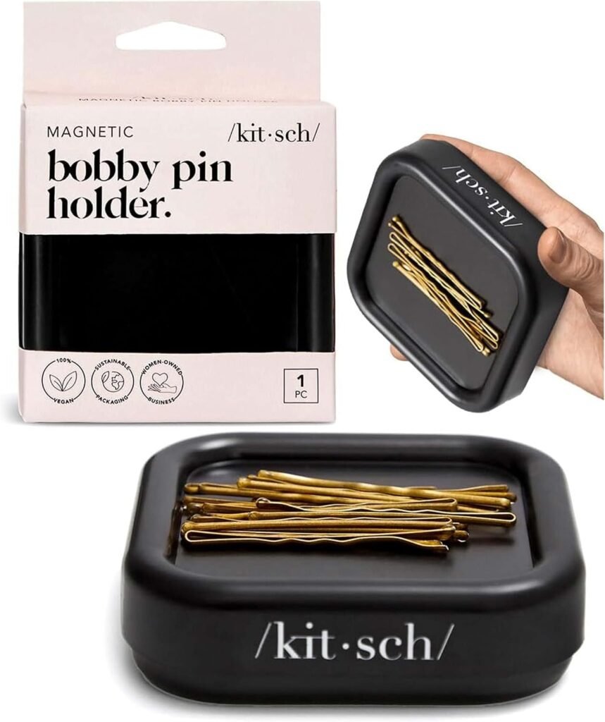 Kitsch Magnetic Bobby Pin Holder - Cute Stuff, Strong Magnetic Pin Holder for Desk & Vanity, Securely Holds Metal Hair Clips, Bobby Pins & Paper Clip | Ideal Gifts for Women - Black, 1 Pc