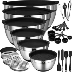 26-Piece Stainless Mixing Bowl Set w/ Lids & Tools Thickened Heavy-Duty 26pcs Stainless Steel Bowl, Mixing Bowl Set with Lid, Grater Attachment, Non-Slip Bottom and Kitchen Gadget Set, Sizes 7, 4, 2.5, 2.0, 1.5, 1QT, Ideal for Mixing and Serving