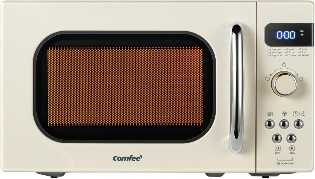 COMFEE' Retro Small Microwave Oven With Compact Size, 9 Preset Menus, Position-Memory Turntable, Mute Function, Countertop Microwave Perfect For Small Spaces, 0.7 Cu Ft/700W, Cream, AM720C2RA-A