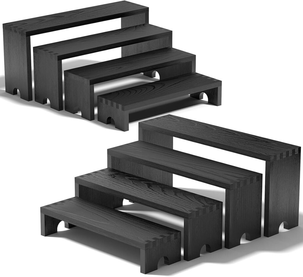 2 Set Large Black Wooden Tiered Riser Display Stands for Vendor Events,Stackable Wooden Cupcake Stand,Farmhouse Decor Wood Dessert Table Display Set,Vendor Booth Display Items,Food Display Risers for Party（12-11.2-10.4-9.6IN）