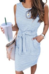 MEROKEETY Striped Sleeveless Tie-Waist Summer Dress MEROKEETY Women's 2026 Summer Casual Dress Striped Sleeveless Crew Neck Tie Waist Beach Vacation Trendy Short T Shirt Dresses