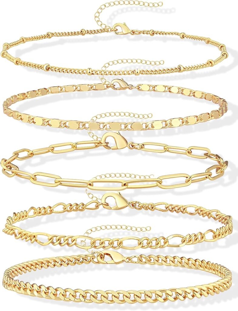 Gokeey Gold Bracelets Set for Women Non Tarnish Trendy,14K Gold Plated Dainty Stackable Paperclip Cuban Link Chain Bracelets, Simple Cute Cuff Bracelets Jewelry Set Adjustable 7"+2"
