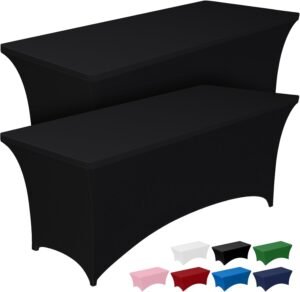 2-Pack 4ft Black Stretch Tablecloths, Wrinkle-Free Pureegg Spandex Tablecloth 4ft - 2 Pack, Fitted and Tight Cloth for Rectangle Table, Wrinkle-Free and Stretch Table Cover for Party, Wedding, Banquet and Birthday, Black