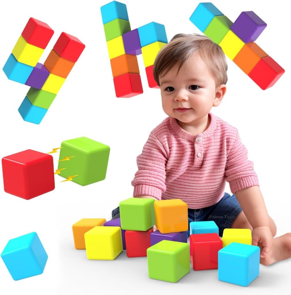 Magnetic Building Blocks Large, 1.65 inch Magnetic Stacking Cubes for Toddlers, Sensory & Montessori Toys for Boys & Girls 1 2 3 Years Old (12 PCS)