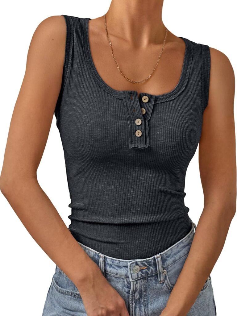 Kissfix Ribbed Thick Wide Strap Tank Top for Women Cute Summer Fitted Henley Tops Teen Junior Beach Vacation Sleeveless Shirt