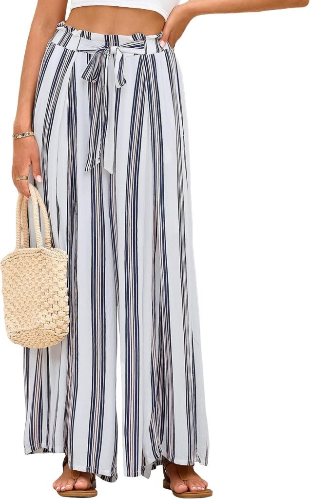 Simplee Women's Casual Split Wide Leg Pants High Waist Palazzo Flowy Beach Pants Summer Boho Lounge Pants with Pockets