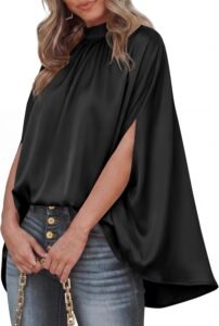 Silky Satin Mock-Neck Batwing Top (Oversized) BTFBM Womens Summer Tops 2026 Mock Neck Batwing Sleeve Silk Satin Shirts Loose Oversized Dressy Casual Spring Blouses