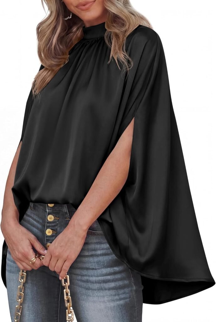 BTFBM Womens Summer Tops 2026 Mock Neck Batwing Sleeve Silk Satin Shirts Loose Oversized Dressy Casual Spring Blouses