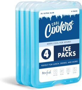 Cool Coolers by Fit & Fresh 4 Pack XL Slim Ice Packs, Quick Freeze Space Saving Reusable Ice Packs for Lunch Boxes or Coolers, Blue, 239ICE, 4 count (Pack of 1)