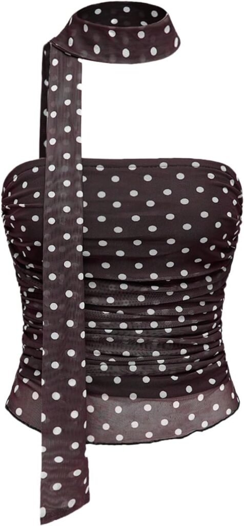 Milumia Women's Polka Dots Mesh Tube Tops Y2k Strapless Scarf Halter Top Going Out Clubbing Outfits