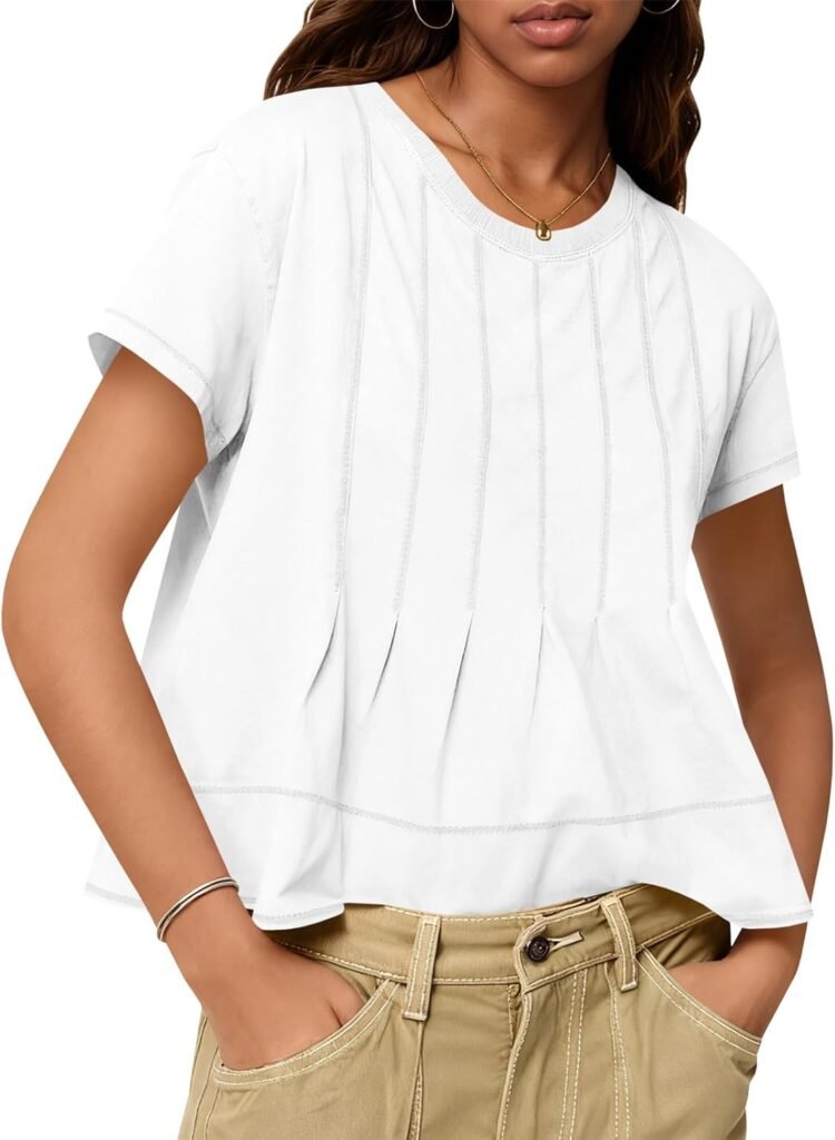 Tankaneo Womens Babydoll Tops Short Sleeve Peplum Pleated Summer T-Shirts Casual Loose Fit Flowy Tshirts 2026