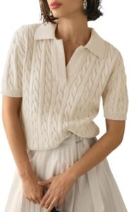 Imily Bela Women's Cable Short Sleeve Sweaters Tops Solid Lapel V Neck Knit Casual Soft Pullover Shirt