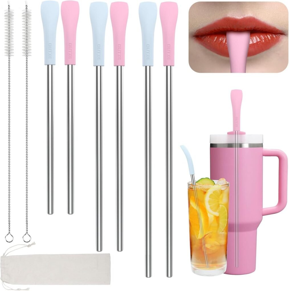 OUTXE Anti Wrinkle Straw 6 Pcs, Flat Wide Drinking Straw for Stanley Cup 40 oz 30 oz, Reusable Wrinkle Free Long Stainless Steel Metal Straw for Lip with Cleaning Brush and Carrying Bag