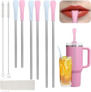 OUTXE Anti Wrinkle Straw 6 Pcs, Flat Wide Drinking Straw for Stanley Cup 40 oz 30 oz, Reusable Wrinkle Free Long Stainless Steel Metal Straw for Lip with Cleaning Brush and Carrying Bag
