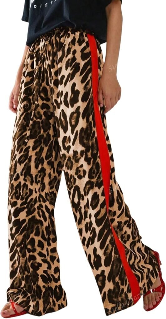Women's Casual Pants Drawstring Leopard Print Color Block Side Striped Straight Leg Wide Leg Loose Pants