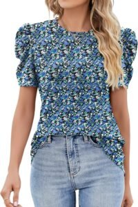 Ivicoer Puff Short Sleeve Shirt for Women Eyelet Tops Summer Crewneck Blouse Loose Fit S-XXL