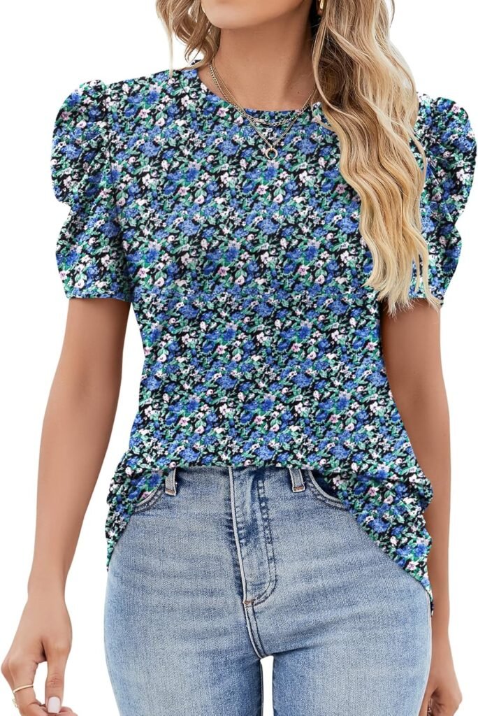 Ivicoer Puff Short Sleeve Shirt for Women Eyelet Tops Summer Crewneck Blouse Loose Fit S-XXL