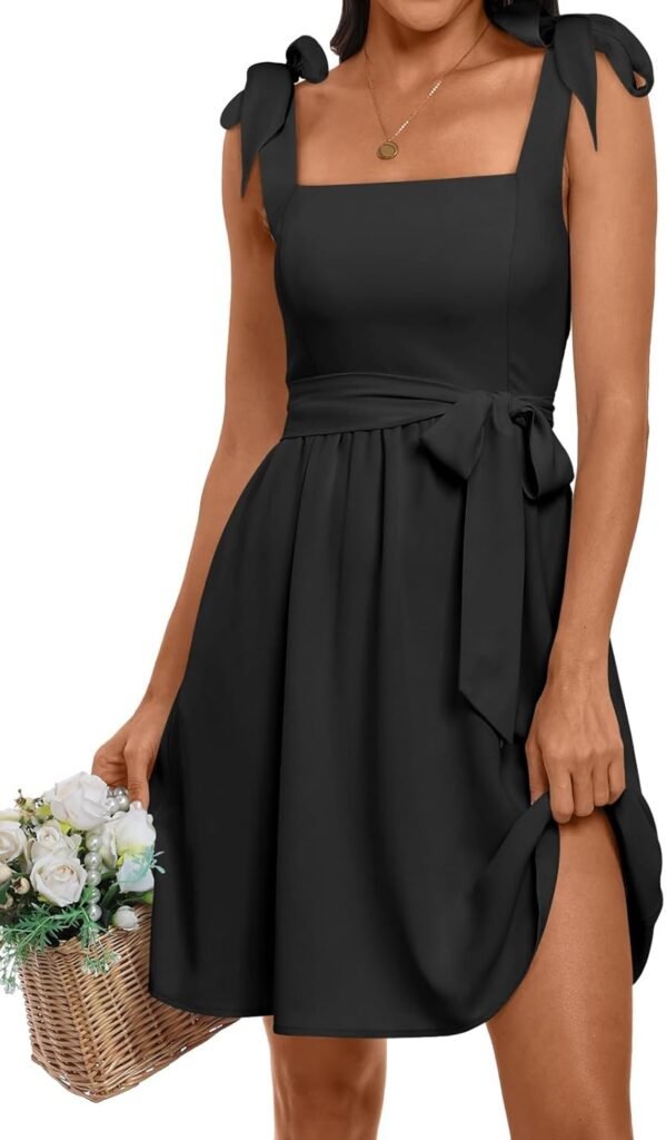 ANRABESS Women's Sleeveless Tie Strap Mini Dress Summer Square Neck Smocked A Line Swing Elegant Cute Cocktail Short Dresses