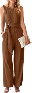Happy Sailed Womens Jumpsuits Dressy Summer Sleeveless High Waist Belt Wide Leg Pants Romper Jumpsuit with Pockets