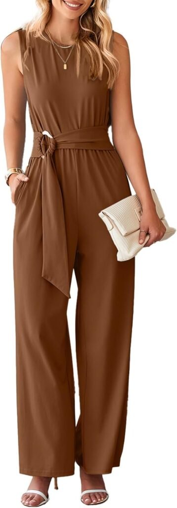Happy Sailed Womens Jumpsuits Dressy Summer Sleeveless High Waist Belt Wide Leg Pants Romper Jumpsuit with Pockets