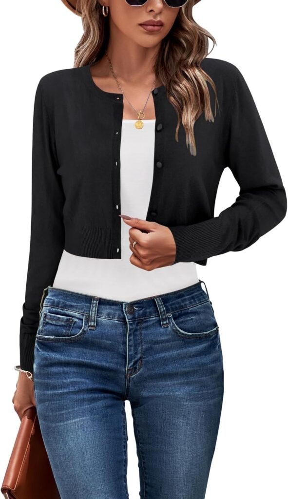 Newshows Cropped Cardigan Sweaters For Women 2026 Crew Neck Button Down Open Front Knit Bolero Shrugs