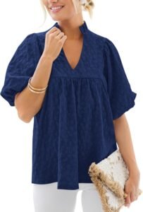 MASCOMODA Womens Summer Tops 2026 Ruffle V Neck Blouses Loose Puff Short Sleeve Jacquard Babydoll Tops Casual Dressy T-Shirts