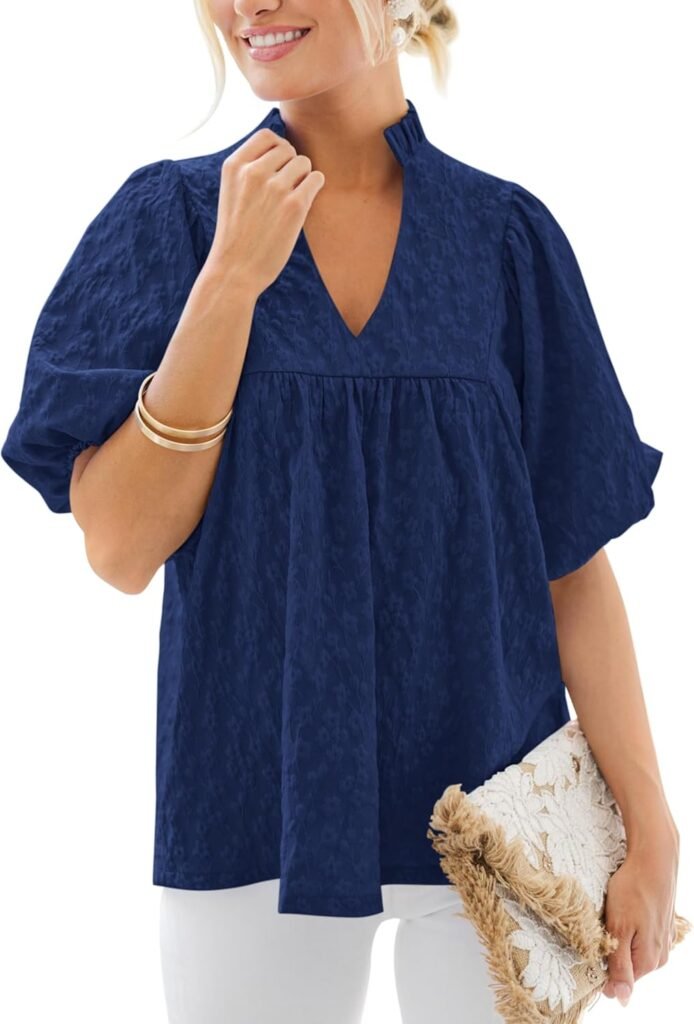MASCOMODA Womens Summer Tops 2026 Ruffle V Neck Blouses Loose Puff Short Sleeve Jacquard Babydoll Tops Casual Dressy T-Shirts