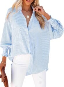 Womens Smocked Cuffed Striped Boyfriend Shirt Casual Collar Long Sleeve Oversized Button Down Blouse Tops with Pocket Shirred