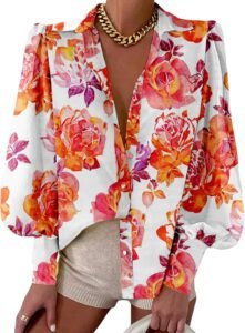 BTFBM Summer Blouses for Women Dressy Casual 2026 Long Sleeve Button Down Shirt V Neck Boho Spring Tops Fashion Clothing