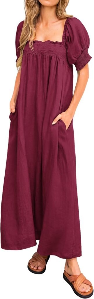 KIRUNDO Women 2026 Summer Maxi Dress Casual Loose Puff Sleeve Square Neck Maternity Flowy Long Beach Dresses with Pockets