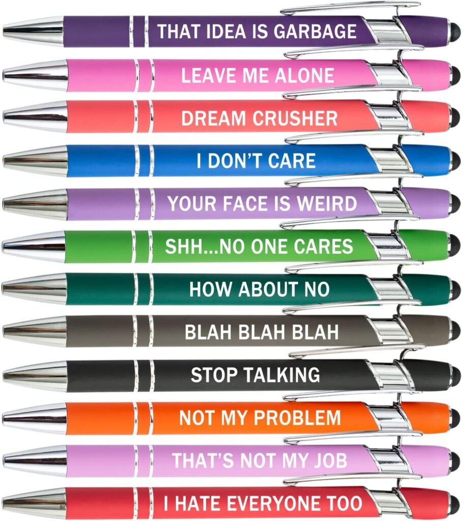 PASISIBICK 12 Pieces Funny Sarcastic Ballpoint Pens, Office Snarky Touch Screen Stylus Pen Encouraging, Black Ink (12 Color,Negative)