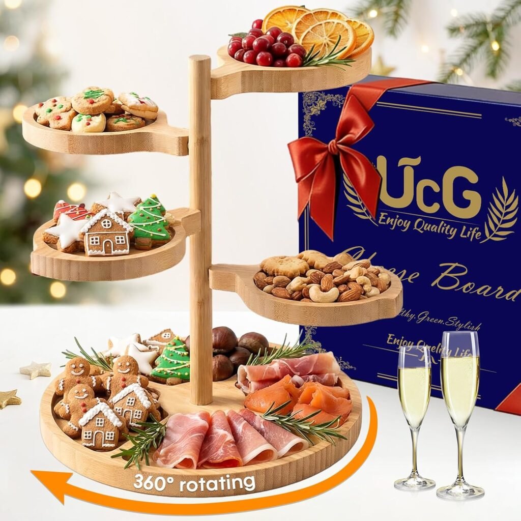 Tiered Charcuterie Board Gift for Women: Bamboo 360° Rotating Round Base with 4 Swivel Trays - White Elephant Gift Valentine Holiday Hosting Christmas Birthday Parties House Warming Gift for Couples