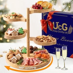 Tiered Charcuterie Board Gift for Women: Bamboo 360° Rotating Round Base with 4 Swivel Trays - White Elephant Gift Valentine Holiday Hosting Christmas Birthday Parties House Warming Gift for Couples