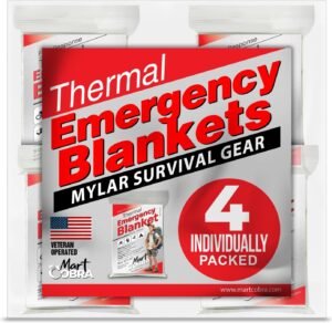Emergency Blanket 4-Pack Space Mylar Blankets Survival Gear and Supplies Reusable Thermal Camping Hunting Essentials First Aid Car Backpacking Marathon Kit Prepper Go Rave Bug Out Bag Foil Cold Winter