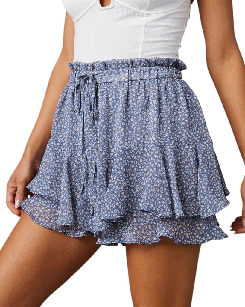 Aoudery Flowy Shorts for Women Casual Boho Floral Skorts Ruffle Mini Skirts Running Tennis Butterfly Chiffon Shorts