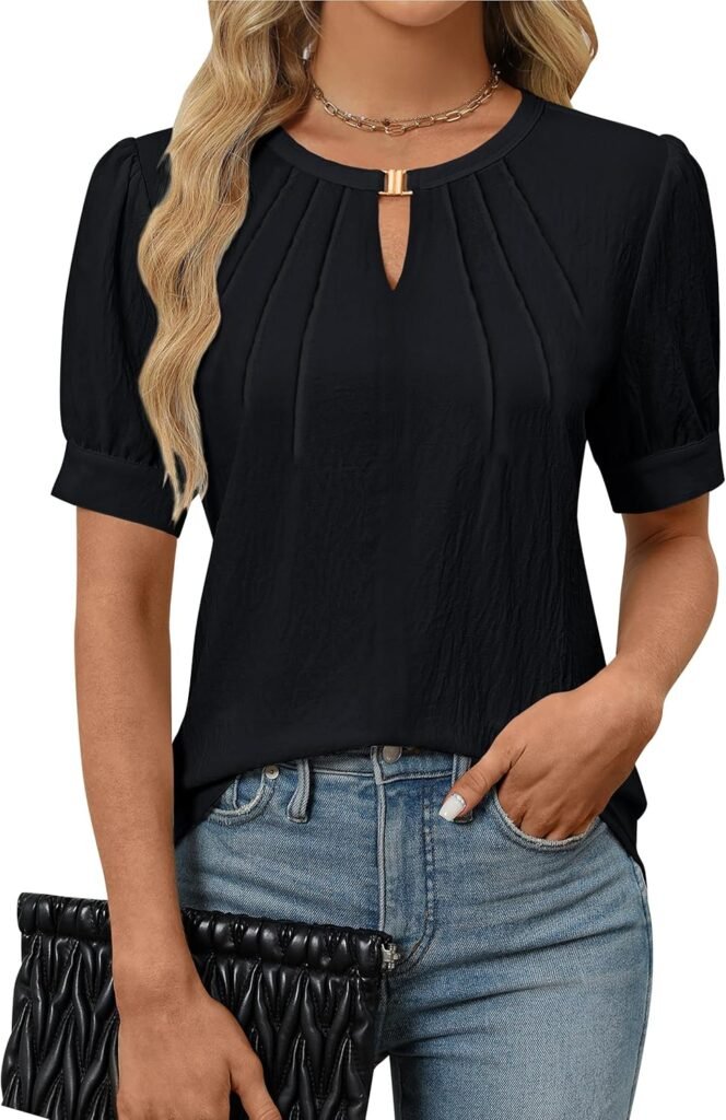 Blooming Jelly Womens Dressy Casual Tops Keyhole Business Work Blouses Pleated Puff Sleeve Summer Shirts