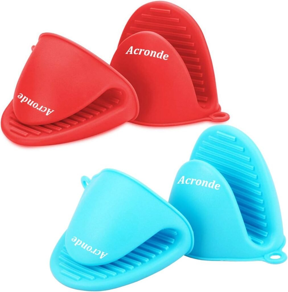 2 Pairs Mini Oven Gloves Silicone Heat Resistant Cooking Pinch Mitts Potholder for Kitchen Cooking & Baking (Red and Blue)